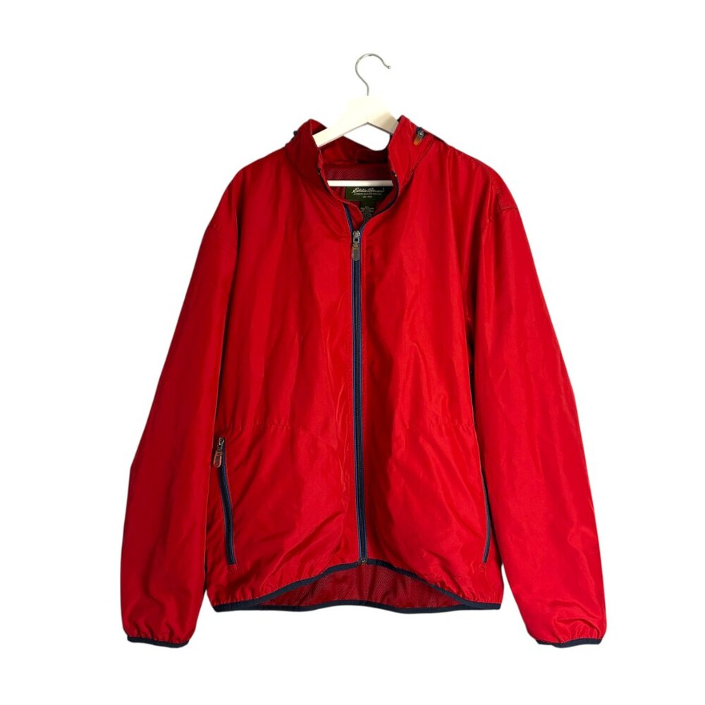 Eddie Bauer Men's Red Windbreaker Jacket Full Zip Hide Away Hood Size Large